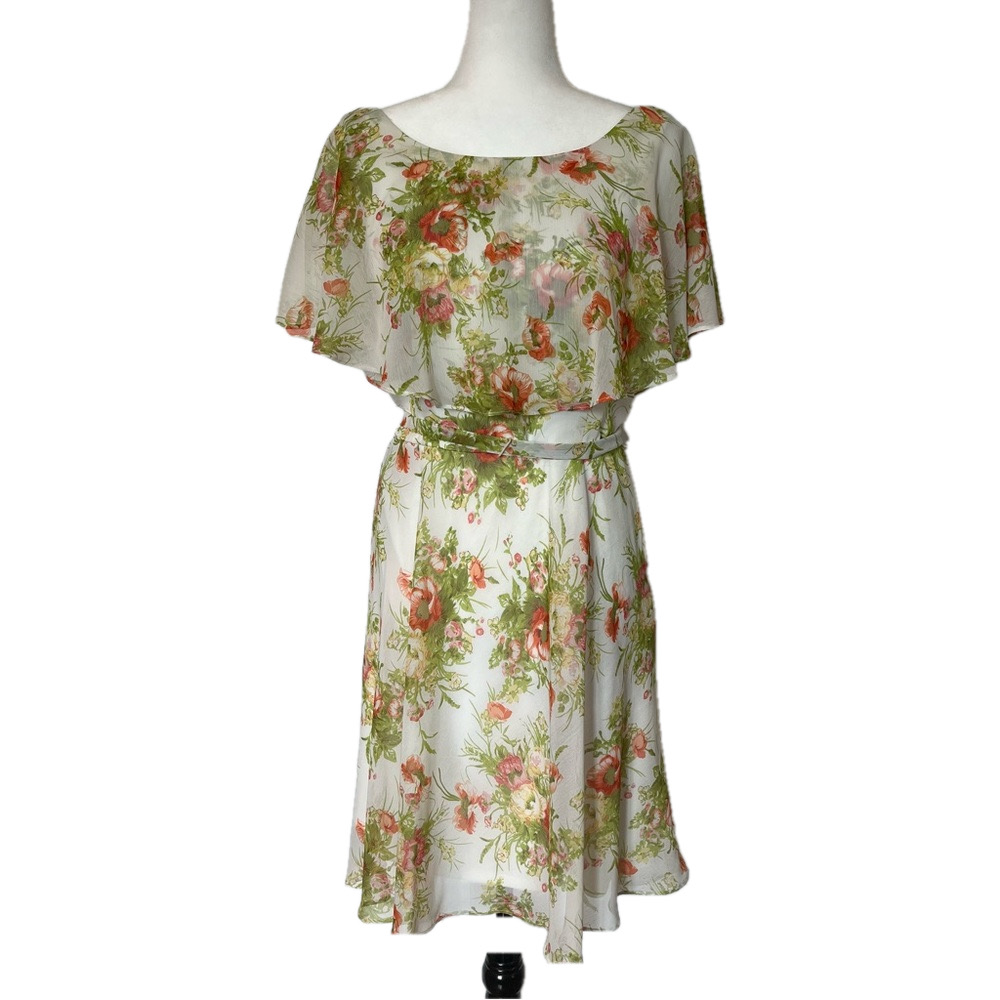 Vintage Women’s Poppy Floral Chiffon Dress 10P Fit & Flare Cottagecore